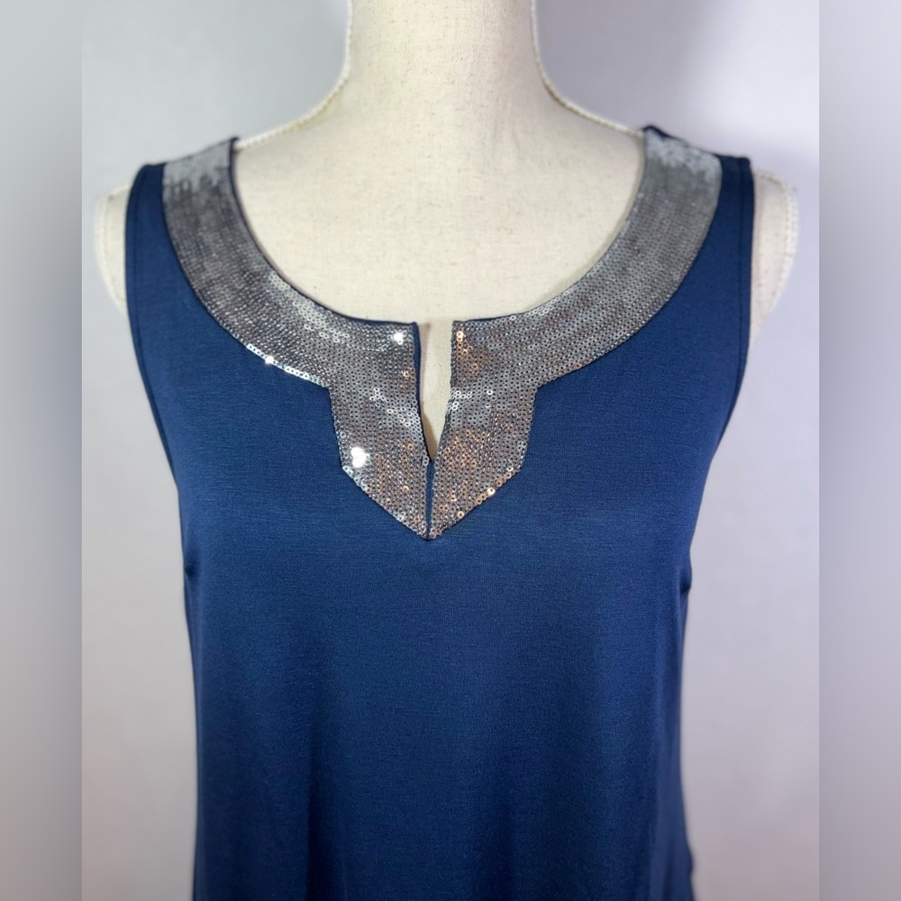 Midnight Velvet Blouse Women’s Size Small Sequin V- Neck Blue Tank - Picture 3 of 8